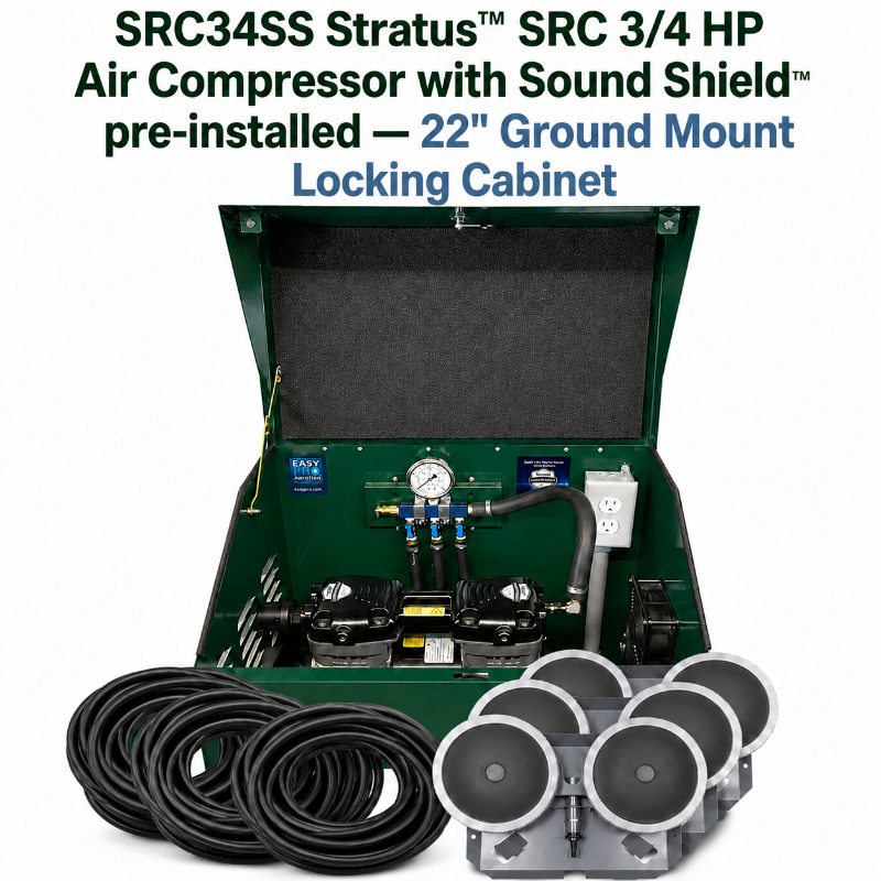 EasyPro 3/4 HP Rocking Piston Aeration System SRC34SS compressor with sound shield cabinet and diffusers