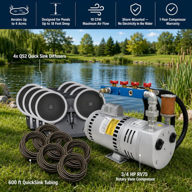 EasyPro 3/4 HP Rotary Vane Aeration System PA75 by pond with RV75 compressor, four QS2 diffusers, and QuickSink tubing
