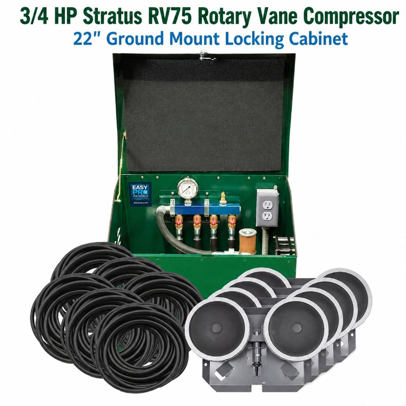 EasyPro 3/4 HP Rotary Vane Aeration System PA75 with RV75 rotary vane compressor, locking cabinet, diffusers, and tubing