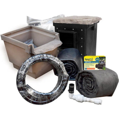 EasyPro Pro-Series Small Pond Kit components including skimmer, waterfall filter, liner, tubing, and pump