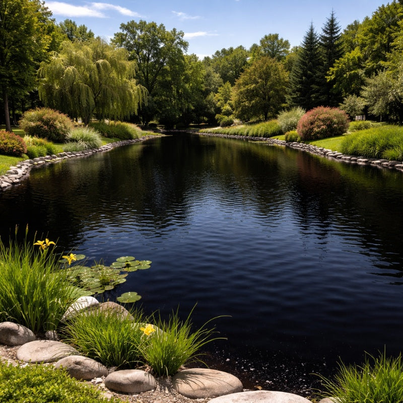 EasyPro Ultra Concentrated Black Lake Dye Liquid - Pond surrounded by trees and greenery on a sunny day