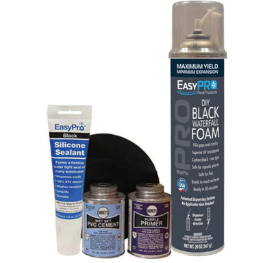 EasyPro pond and waterfall installation kit Small - one 20 oz. can black foam, one 2.8 oz. tube of silicone, one can glue, one can primer and one 6″ diameter liner patch