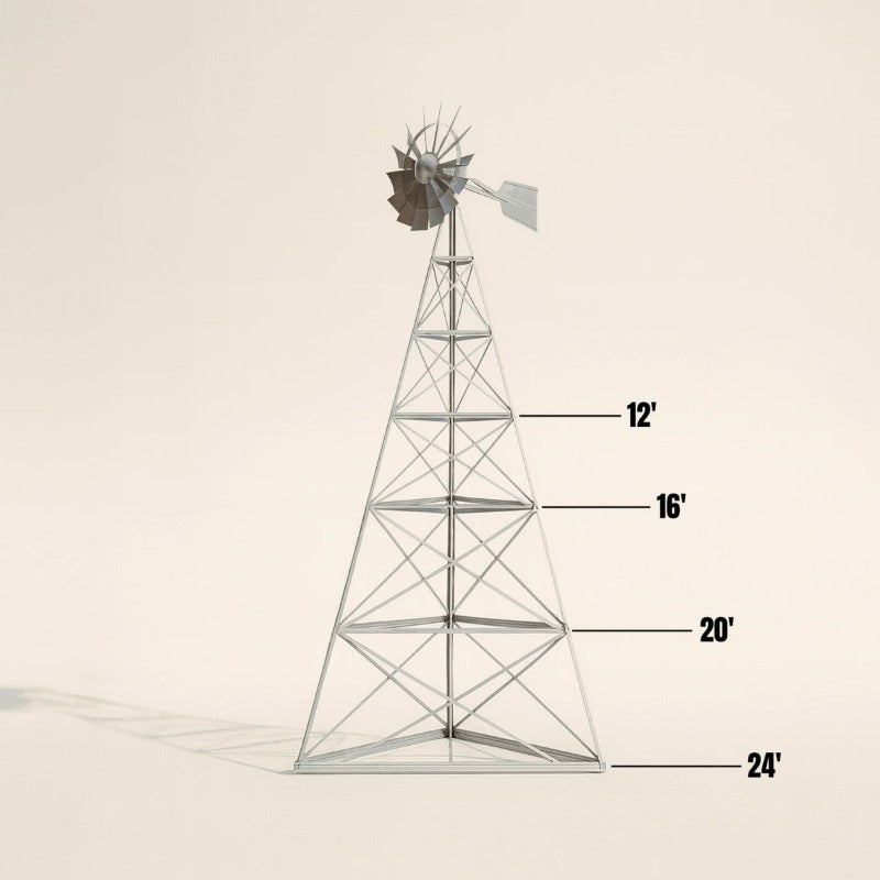 Height reference diagram of Outdoor Water Solutions Super Premier Windmill Pond Aerator showing foot tower options