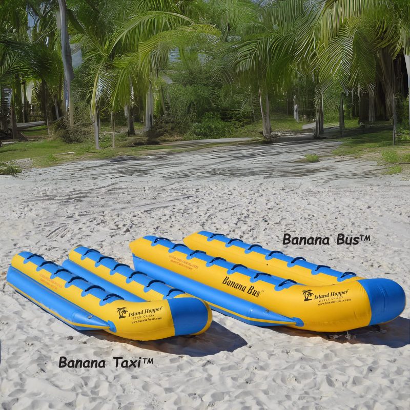 Island Hopper 12 Person Banana Taxi Banana Boat - Featuring the banana taxi and banana bus models on the beach shore