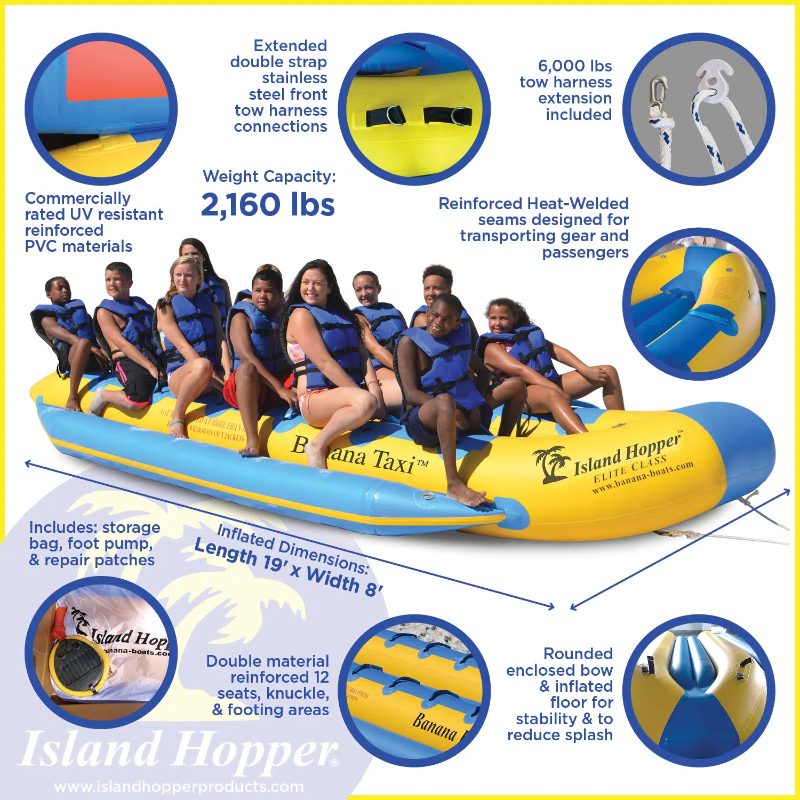 Island Hopper 12 Person Banana Taxi Banana Boat - Showing the banana taxi boat features