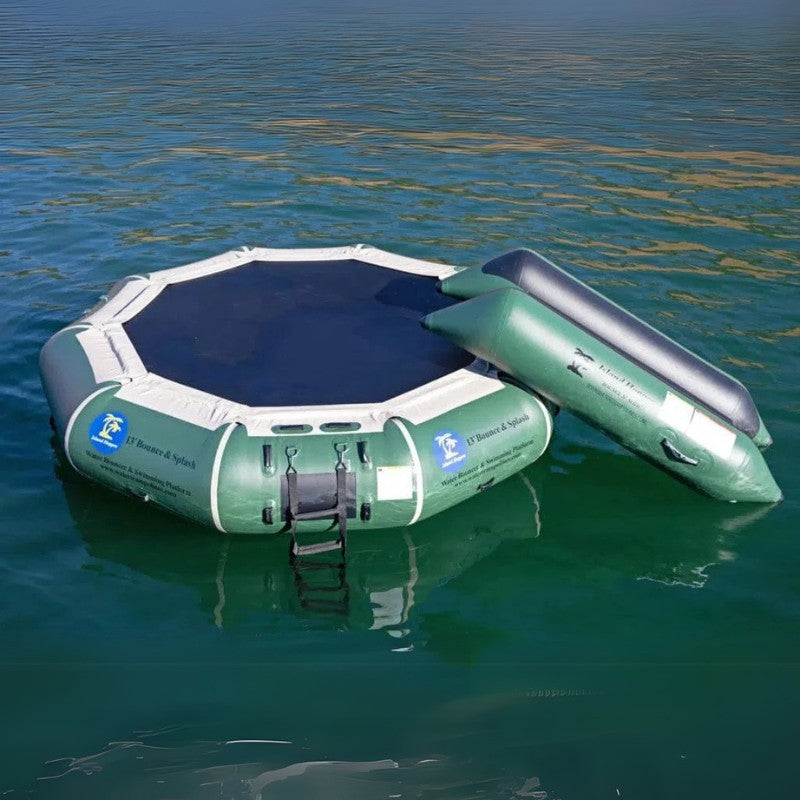 Island Hopper 13' Bounce and Splash Water Bouncer - Showing the water bouncer on the water with slide - natural green color