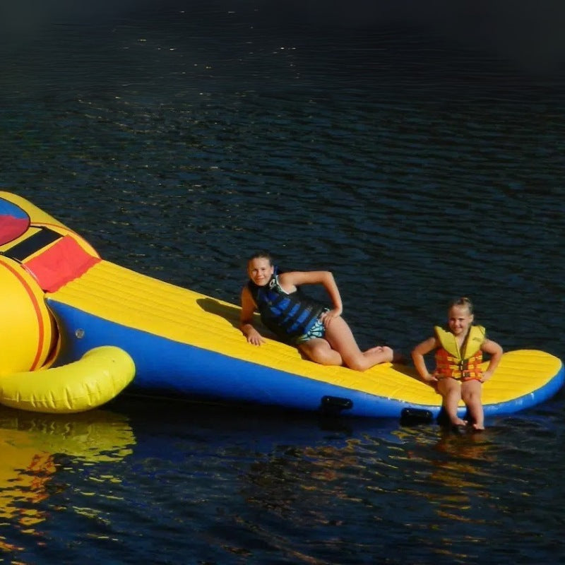 Island Hopper 13' Gator Monster Water Bouncer Water Park - Shown with kids posing on the tail of the gator water bouncer