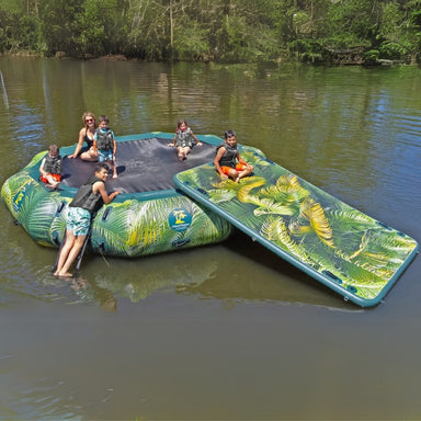 Island Hopper 15' Lakeside Water Park - Shown with family members enjoying the water bouncer and floating platform