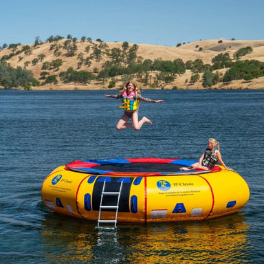 Island Hopper 15' Water Trampoline - Showing a girl jumping high on the trampoline