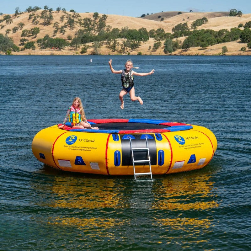 Island Hopper 15' Water Trampoline - Showing two girls having fun with the trampoline