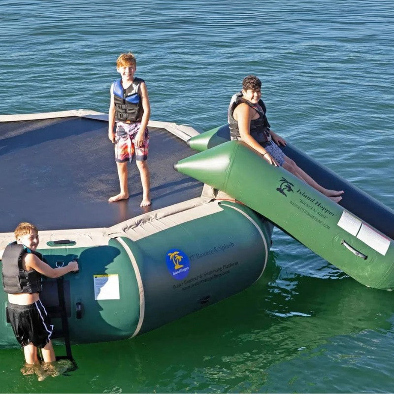 Island Hopper Bounce and Slide Attachment - Green Color - Kids enjoying the trampoline and slide attachment