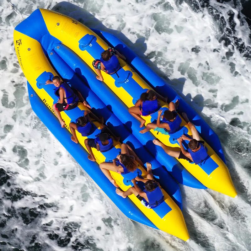 Island Hopper Elite Class 14 Person Banana Boat Bus - Group of friends enjoying the ride on the bus banana boat - top view