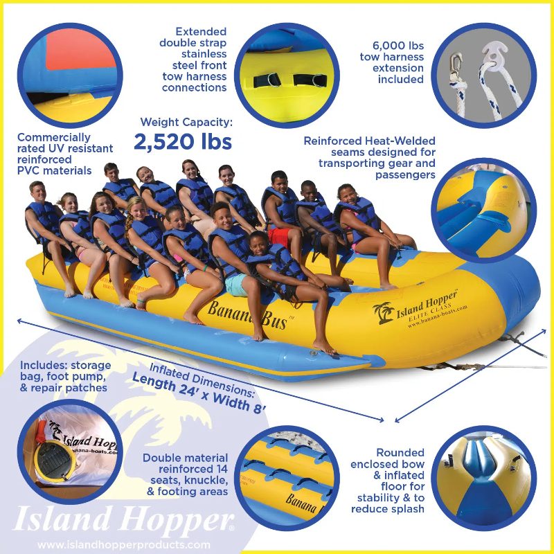 Island Hopper Elite Class 14 Person Banana Boat Bus - Showing the banana bus boat features