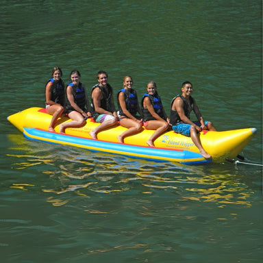 Island Hopper Elite Class 6 Person Banana Boat Tube - Group of friends are enjoying the ride on the banana boat