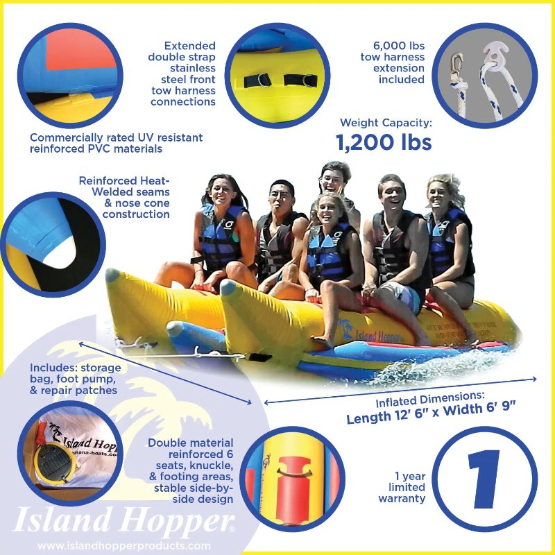 Island Hopper Elite Class 6 Person Double Banana Boat - Showing the double banana boat features