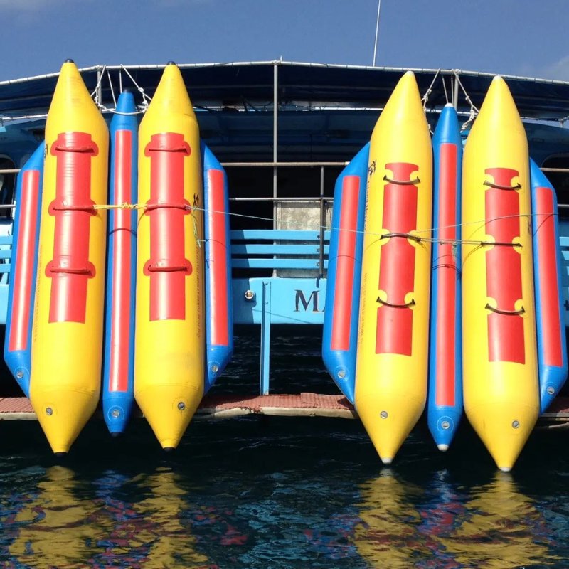 Island Hopper Elite Class 6 Person Double Banana Boat - Showing two double banana boats that are tied up