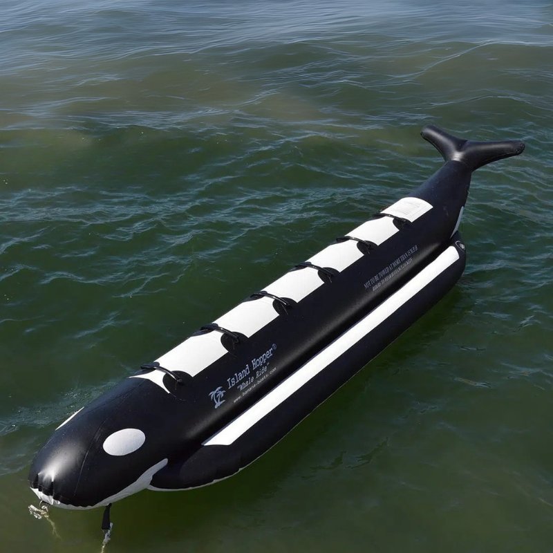 Island Hopper Elite Class 6 Person Whale Ride Banana Boat - Showing the top left view of the banana boat on water surface