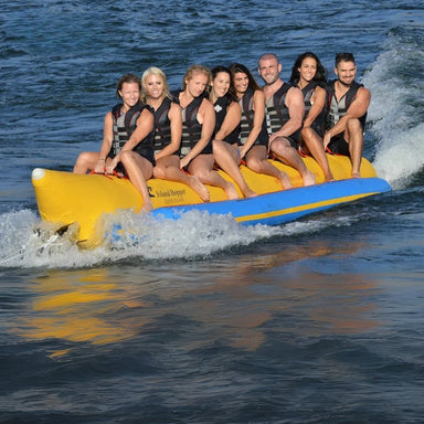 Island Hopper Elite Class 8 Person Banana Boat Tube - Showing group of friends enjoying the ride on the banana boat close up view