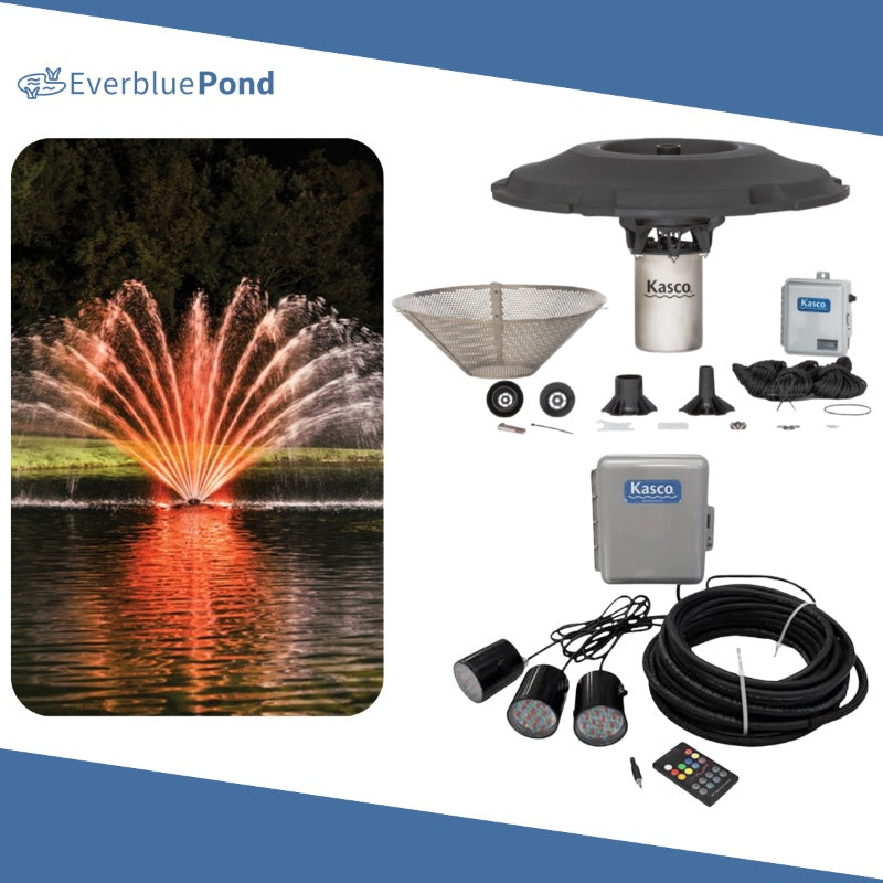 Kasco Fern Fountain Masterpiece Bundle - Up to 16ft - 3 RGB Light Sets - Including Motor, Float, Control Panel, Bottom Screen, Mooring Ropes and Steel Hardware