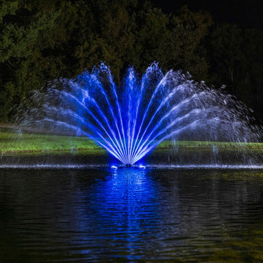 Kasco Fern Fountain with blue LED lighting on pond at night