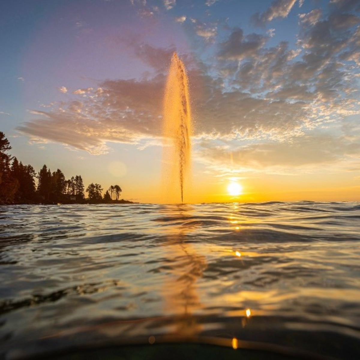 Kasco J Series Fountain Masterpiece Bundle - On Water Display with Beautiful Sunset at the Background