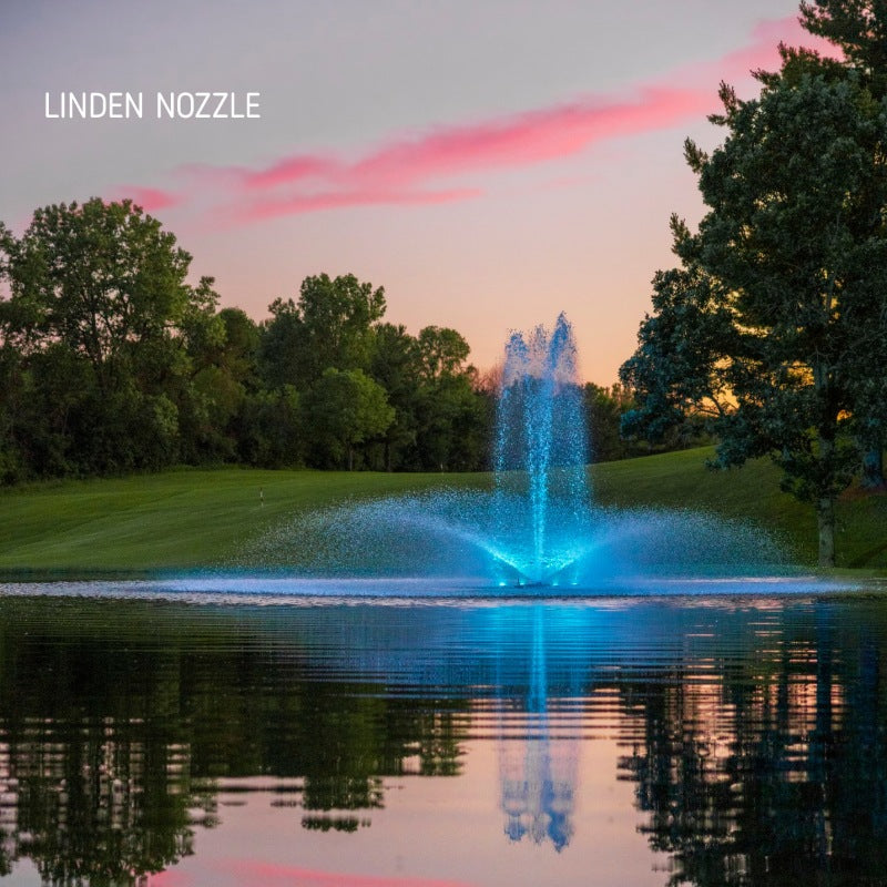 Kasco J Series Fountain with Linden nozzle and blue LED lighting at sunset