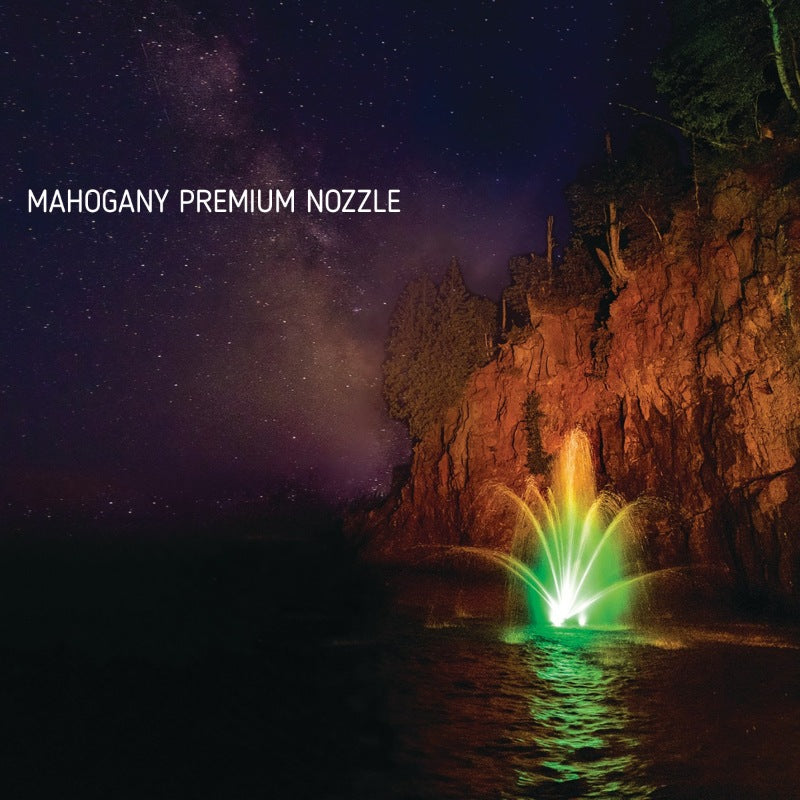 Kasco J Series Fountain with Mahogany Premium nozzle illuminated spray at night time