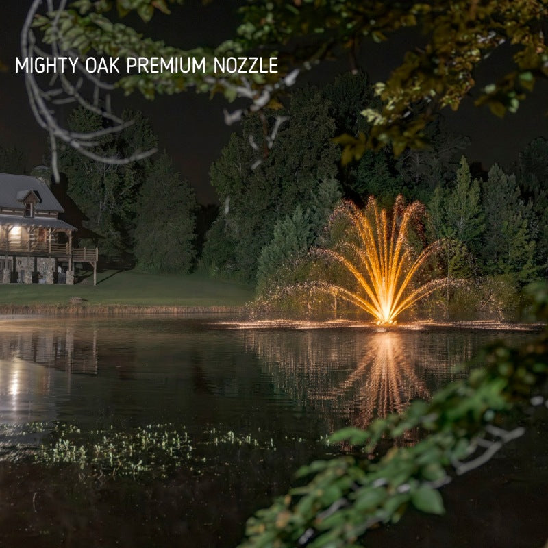 Kasco J Series Fountain with Mighty Oak Premium nozzle illuminated at night