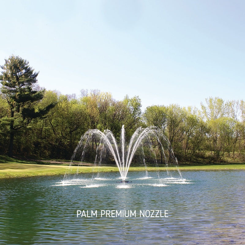 Kasco J Series Fountain with Palm Premium Nozzle spray pattern in daytime pond setting
