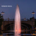 Kasco J Series Fountain with Redwood Nozzle illuminated at night with orange lighting near a bridge