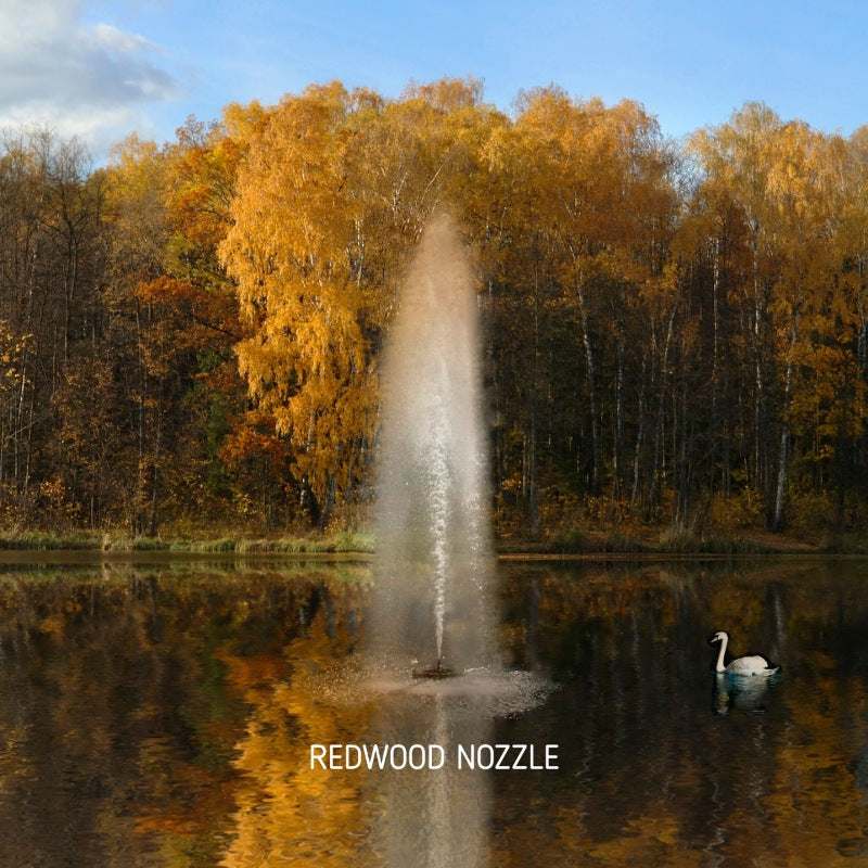 Kasco J Series Fountain with Redwood Nozzle spray pattern in autumn pond setting with swan