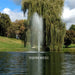 Kasco J Series Fountain with Sequoia Nozzle close-up spray pattern in golf course pond framed by willow tree