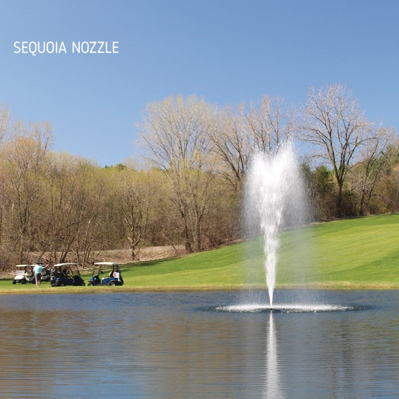 Kasco J Series Fountain with Sequoia Nozzle spray pattern in daytime golf course pond setting with golf carts