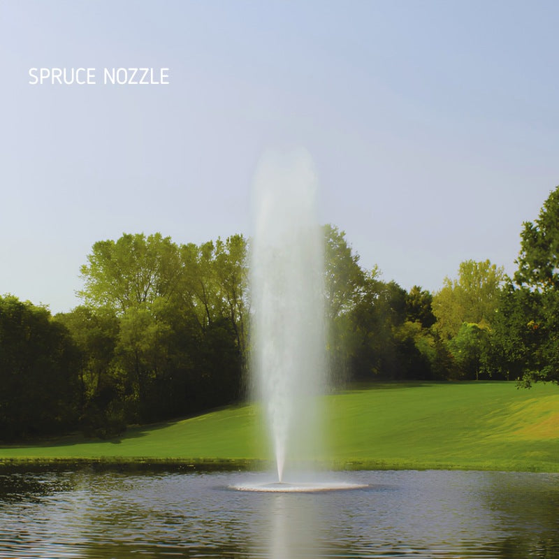 Kasco J Series Fountain with Spruce Nozzle spray pattern in daytime summer golf course pond setting