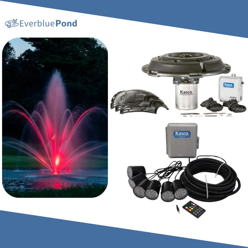 Kasco Mahogany Fountain Masterpiece Bundle - Up to 11.5ft - 6 RGB Light Sets - Including Motor, Float, Control Panel, Bottom Screen, Mooring Ropes and Steel Hardware