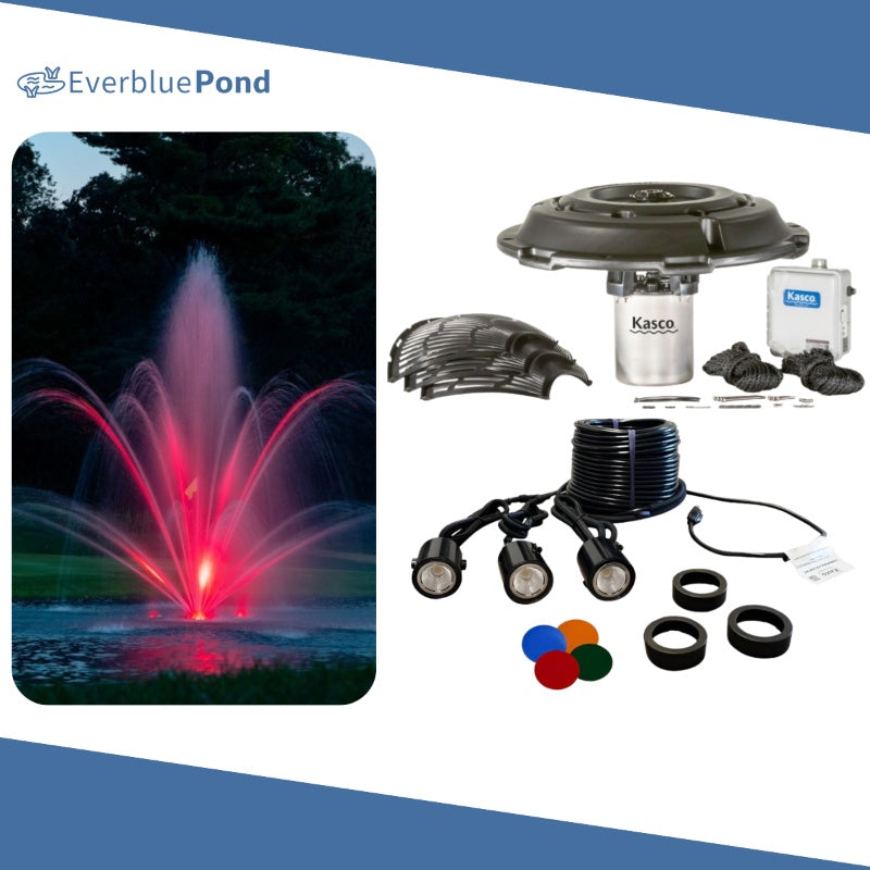 Kasco Mahogany Fountain Masterpiece Bundle - Up to 14ft - 3 LED Composite Light Sets - Including Motor, Float, Control Panel, Bottom Screen, Mooring Ropes and Steel Hardware