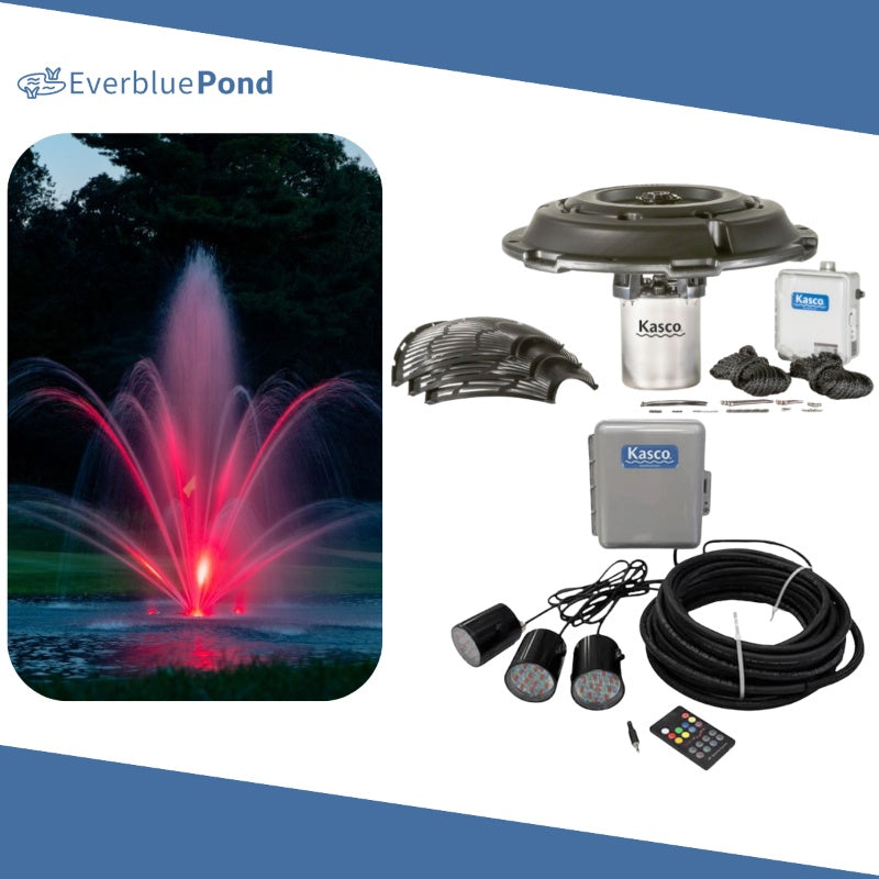 Kasco Mahogany Fountain Masterpiece Bundle - Up to 14ft - 3 RGB Light Sets - Including Motor, Float, Control Panel, Bottom Screen, Mooring Ropes and Steel Hardware