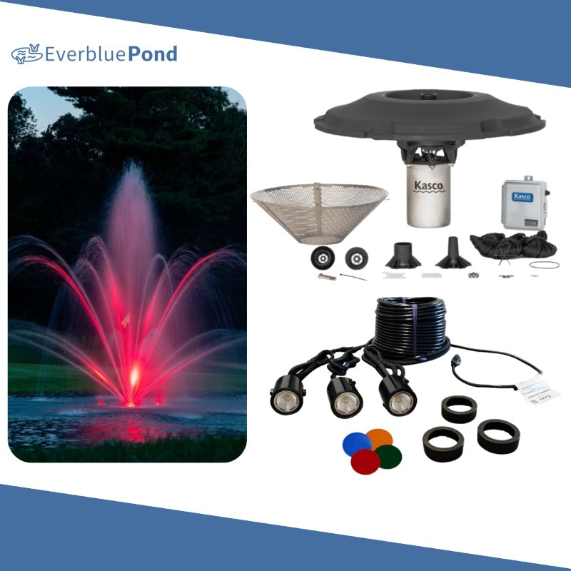 Kasco Mahogany Fountain Masterpiece Bundle - Up to 19ft - 3 LED Composite Light Sets - Including Motor, Float, Control Panel, Bottom Screen, Mooring Ropes and Steel Hardware