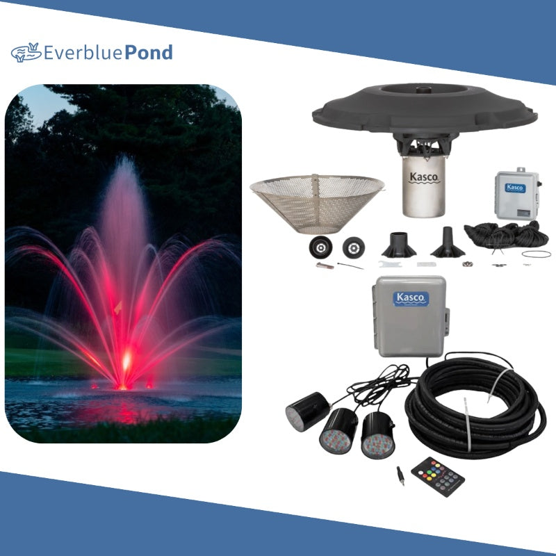 Kasco Mahogany Fountain Masterpiece Bundle - Up to 19ft - 3 RGB Light Sets - Including Motor, Float, Control Panel, Bottom Screen, Mooring Ropes and Steel Hardware
