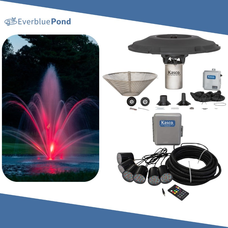 Kasco Mahogany Fountain Masterpiece Bundle - Up to 19ft - 6 RGB Light Sets - Including Motor, Float, Control Panel, Bottom Screen, Mooring Ropes and Steel Hardware