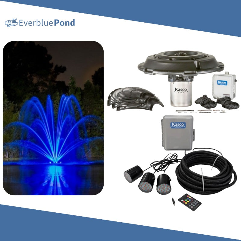Kasco Mighty Oak Fountain Masterpiece Bundle - Up to 13ft - 3 RGB Light Sets - Including Motor, Float, Control Panel, Bottom Screen, Mooring Ropes and Steel Hardware