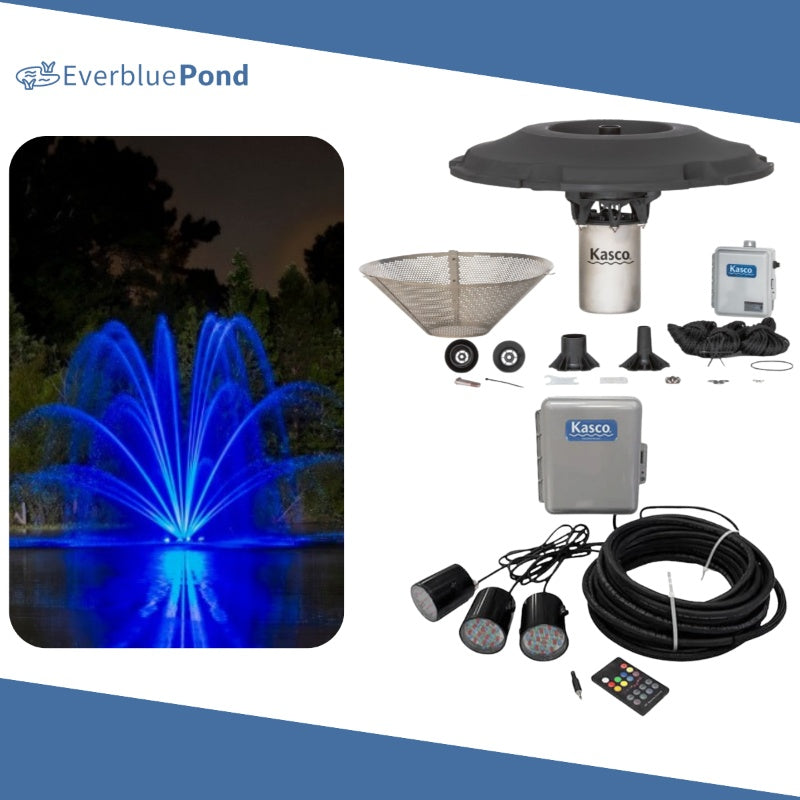 Kasco Mighty Oak Fountain Masterpiece Bundle - Up to 19.5ft - 3 RGB Light Sets - Including Motor, Float, Control Panel, Bottom Screen, Mooring Ropes and Steel Hardware