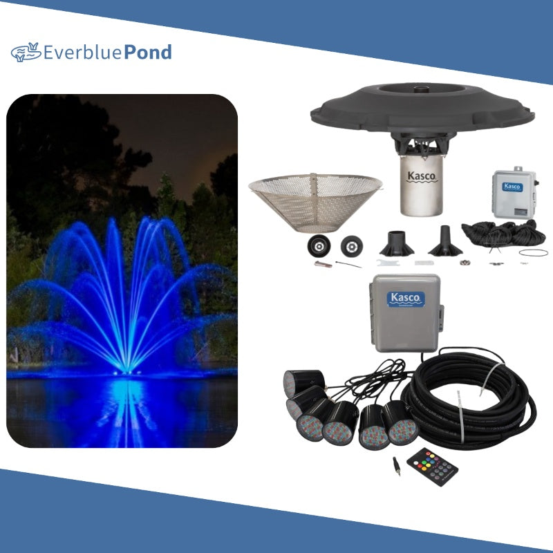 Kasco Mighty Oak Fountain Masterpiece Bundle - Up to 19.5ft - 6 RGB Light Sets - Including Motor, Float, Control Panel, Bottom Screen, Mooring Ropes and Steel Hardware