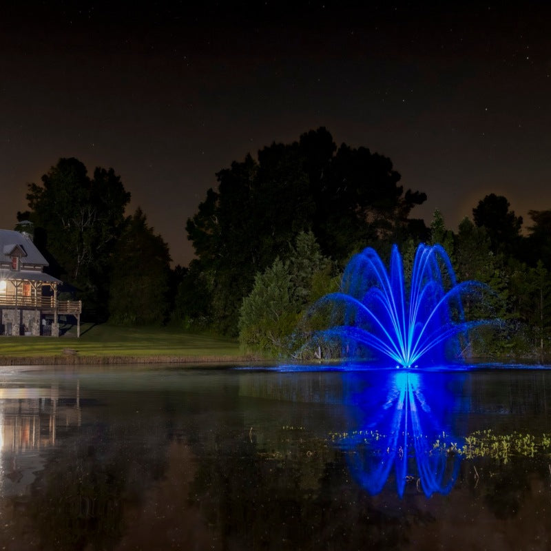 Kasco Mighty Oak Premium Fountain Nozzle with blue LED lighting illuminating spray pattern