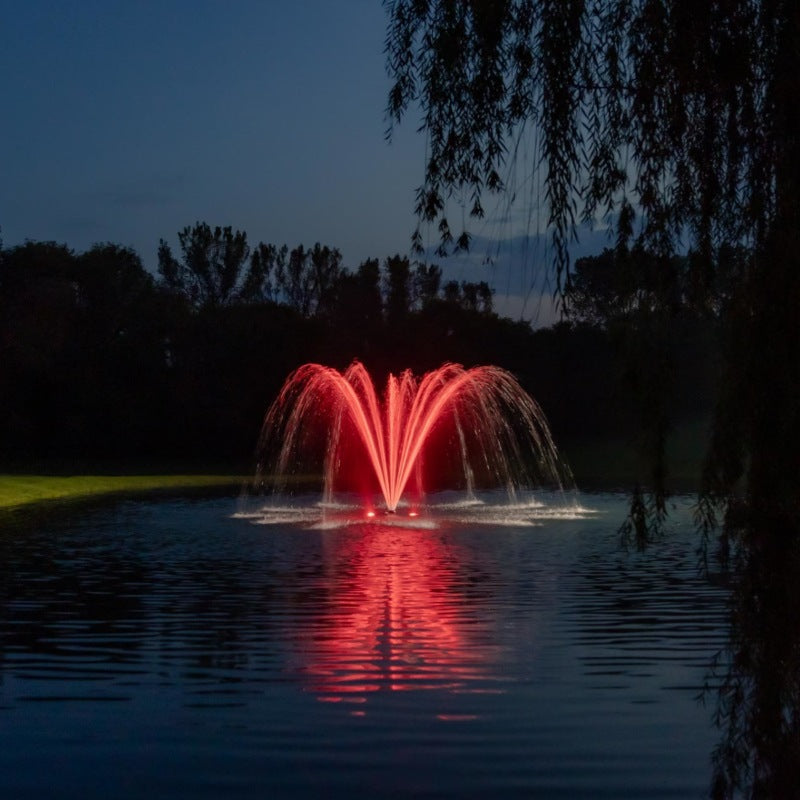 Kasco Palm Premium Fountain Nozzle with red LED lighting glowing across pond surface