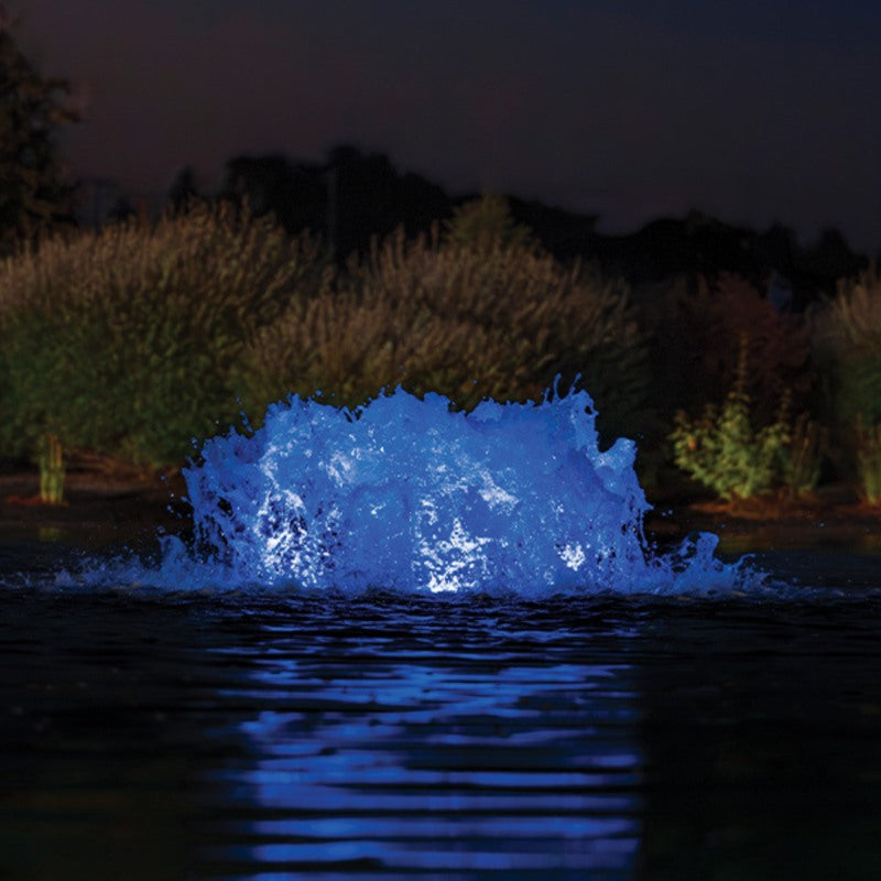 Kasco RGBW LED Lighting - RGBW18 LED Lighting System illuminating the surface aerator in blue at night