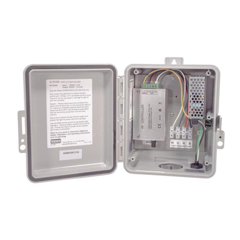 Kasco RGB LED Lighting control panel with wiring and RF controller inside weatherproof enclosure