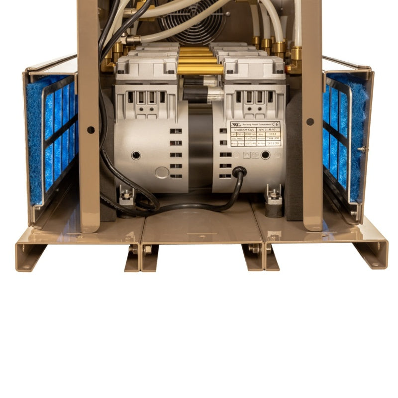 Kasco Robust Aire compressor system with blue air intake filters and internal motor assembly visible