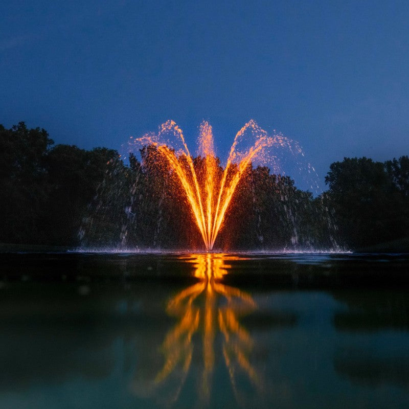 Kasco Stainless Steel LED Light Kit showcasing amber illuminated multi-tier fountain with reflective water surface