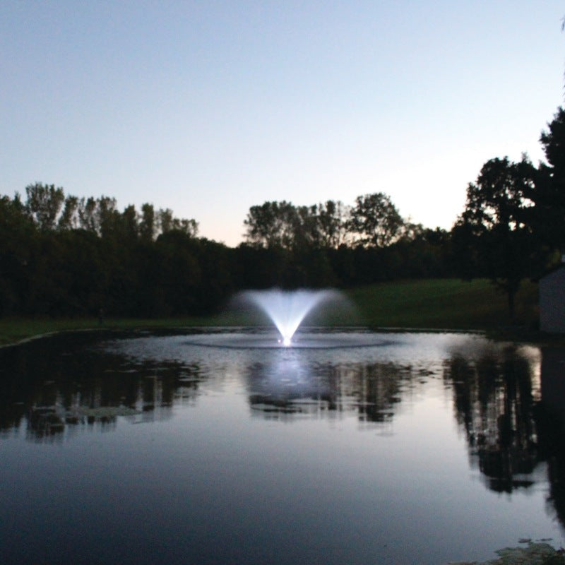 Kasco VFX aerating fountain with cool white LED lighting in large pond